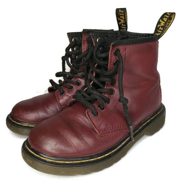 Dr Doc Martens Burgandy Leather Combat Boots Youth Kids Girls Size 12 US 1460J - Picture 1 of 16